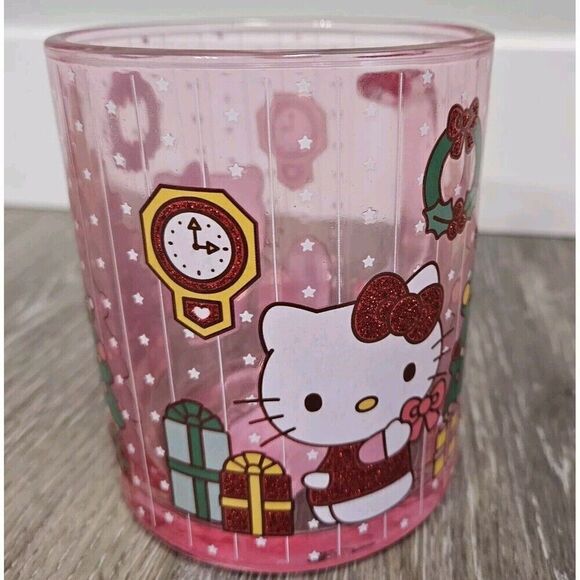Hello Kitty Sanrio Chrismas Holiday Mug Cup Clear Iridescent Pink Glitter - Picture 3 of 4